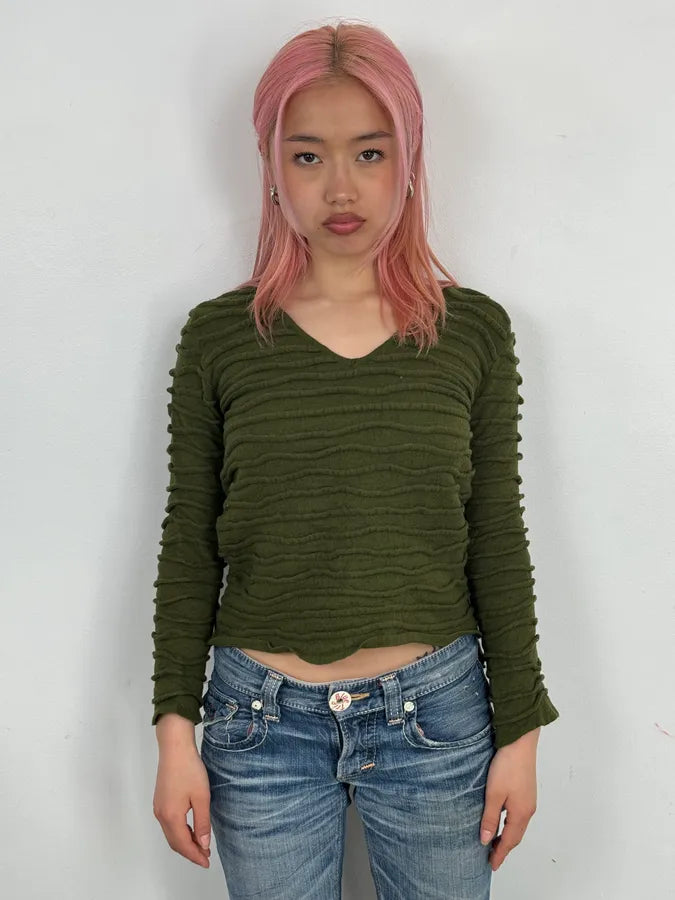2000s Cavalli Olive Textured Wave Wool Sweater XxJfPfs 0