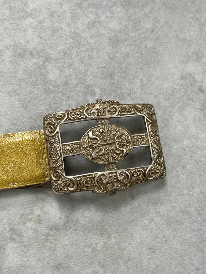 2000s Cavalli Ornament Buckle Golden Leather Belt YAOFFNk 3