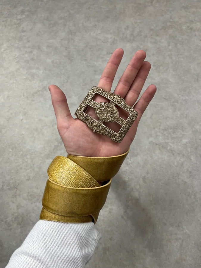 2000s Cavalli Ornament Buckle Golden Leather Belt YAOFFNk 1