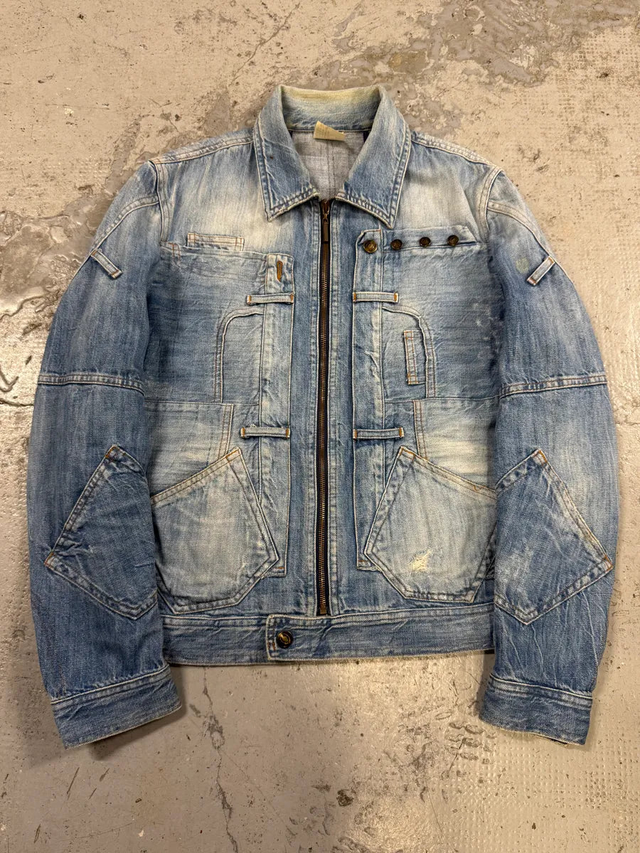 2000s Cavalli Patchwork Trompe L’Oeil Blue Denim Jacket NxWfqZS 0