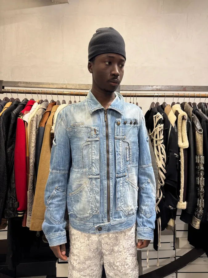 2000s Cavalli Patchwork Trompe L’Oeil Blue Denim Jacket NxWfqZS 1