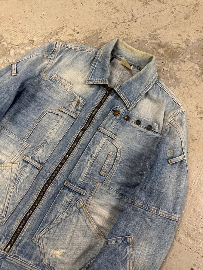 2000s Cavalli Patchwork Trompe L’Oeil Blue Denim Jacket NxWfqZS 3