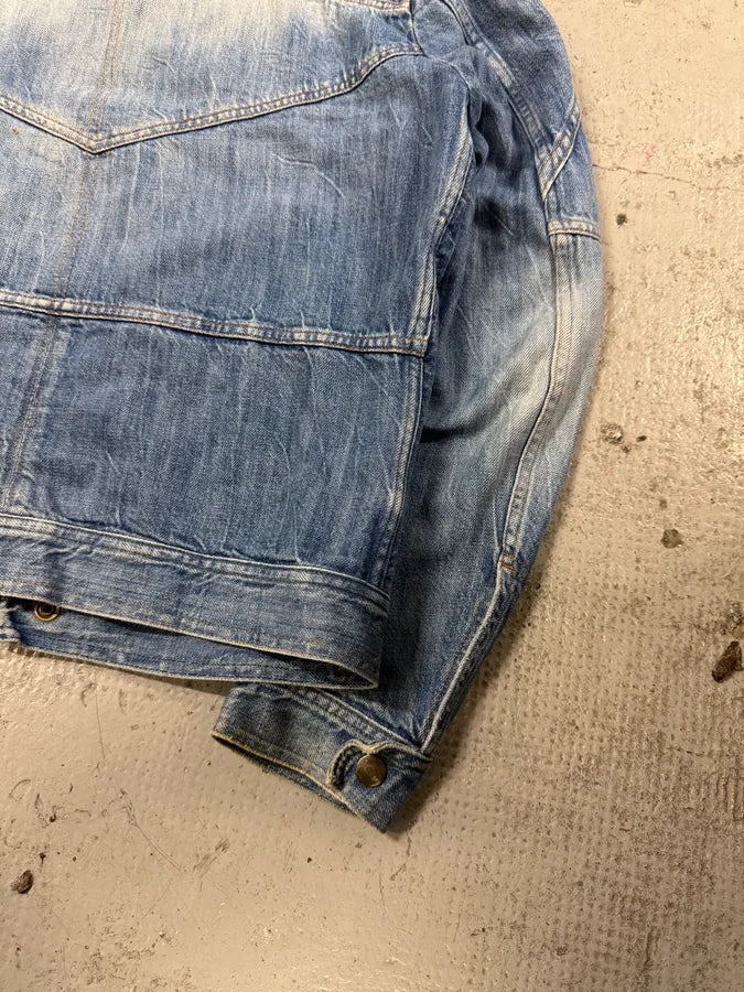 2000s Cavalli Patchwork Trompe L’Oeil Blue Denim Jacket NxWfqZS 8