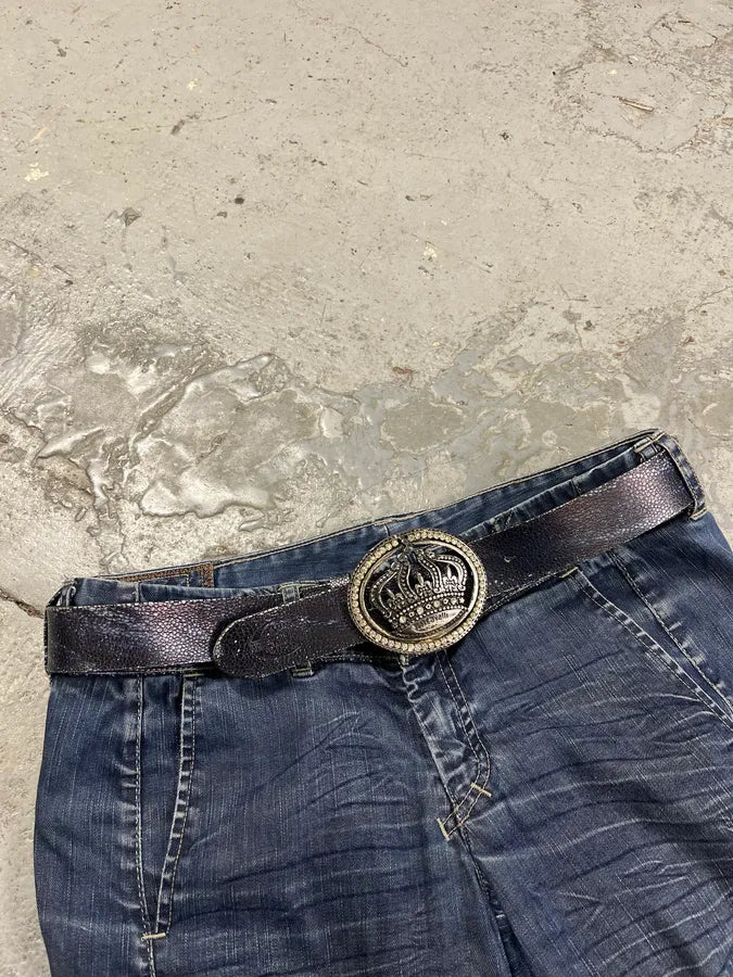 2000s Cavalli Pave Crown Buckle Blue Aura Leather Belt OnAkeCZ 0