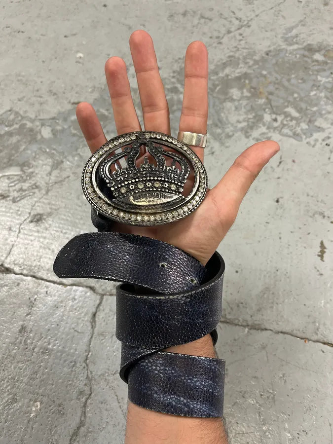 2000s Cavalli Pave Crown Buckle Blue Aura Leather Belt OnAkeCZ 1