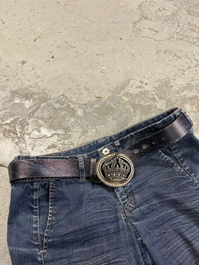 2000s Cavalli Pave Crown Buckle Blue Aura Leather Belt OnAkeCZ 2