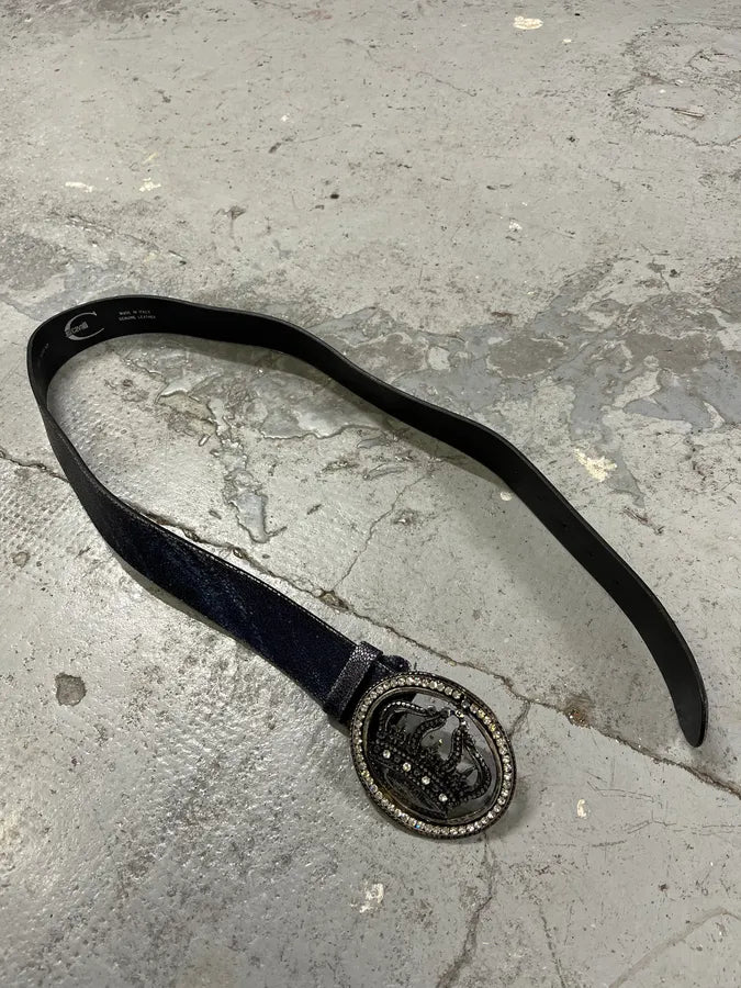 2000s Cavalli Pave Crown Buckle Blue Aura Leather Belt OnAkeCZ 3