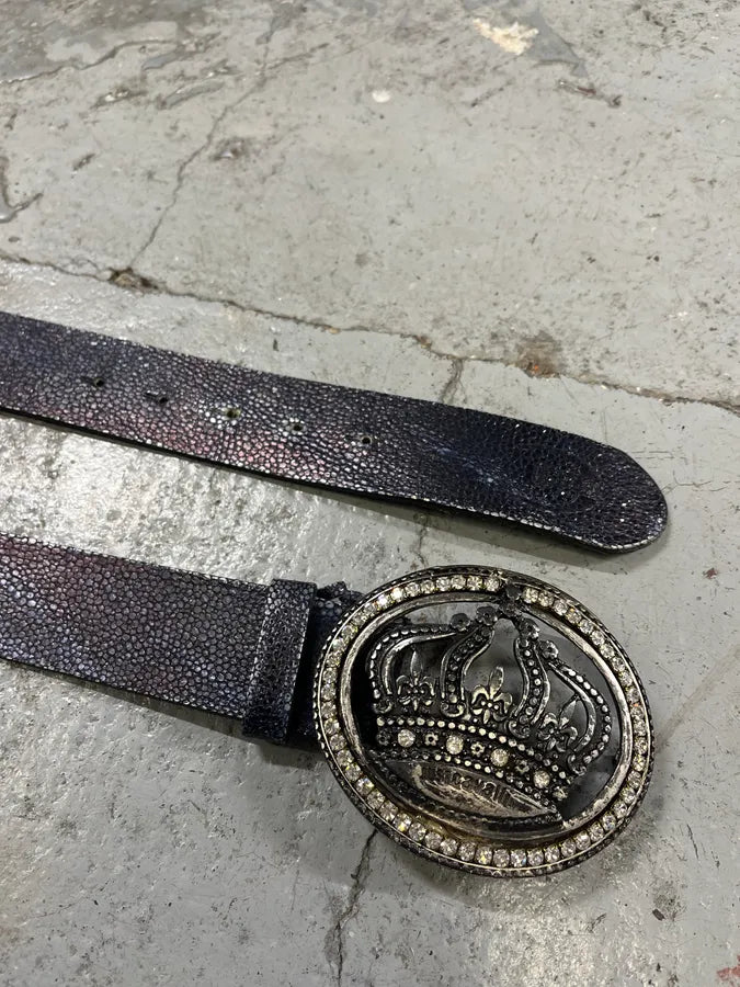 2000s Cavalli Pave Crown Buckle Blue Aura Leather Belt OnAkeCZ 4