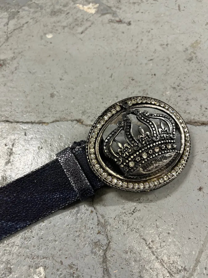2000s Cavalli Pave Crown Buckle Blue Aura Leather Belt OnAkeCZ 5