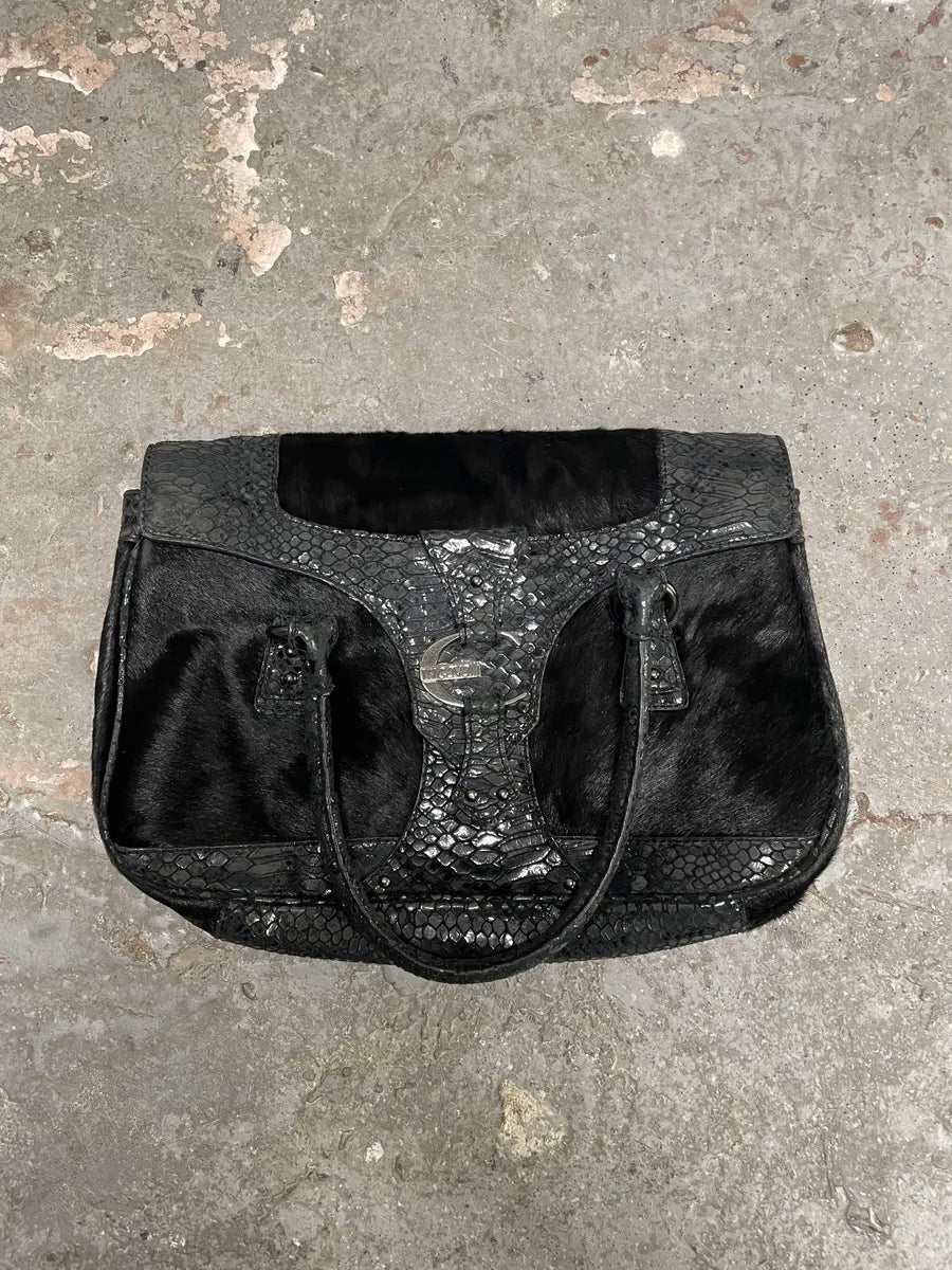 2000s Cavalli Pony Hair & Black Leather Python Effect Bag CGVpIWA 0