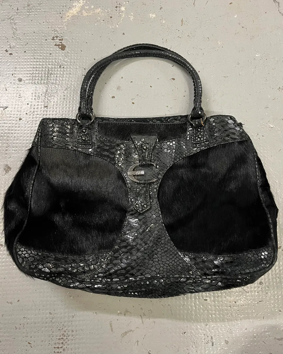 2000s Cavalli Pony Hair & Black Leather Python Effect Bag MWNrNvG 0