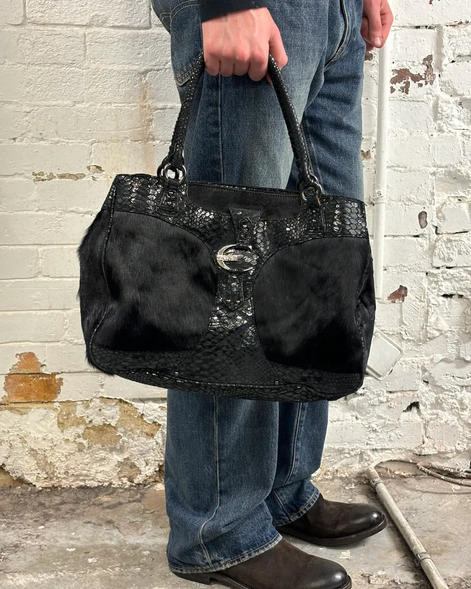 2000s Cavalli Pony Hair & Black Leather Python Effect Bag MWNrNvG 1
