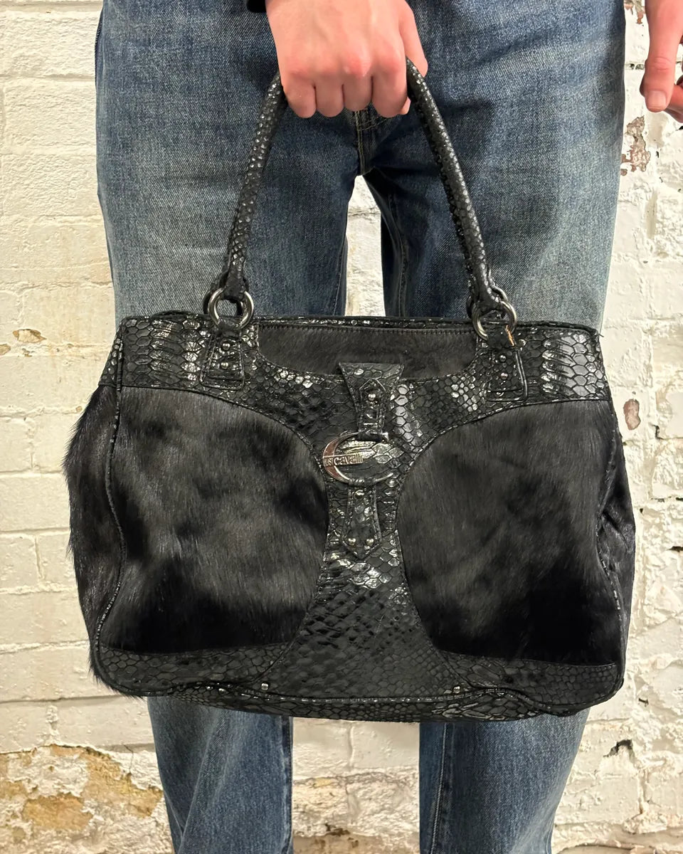 2000s Cavalli Pony Hair & Black Leather Python Effect Bag MWNrNvG 2