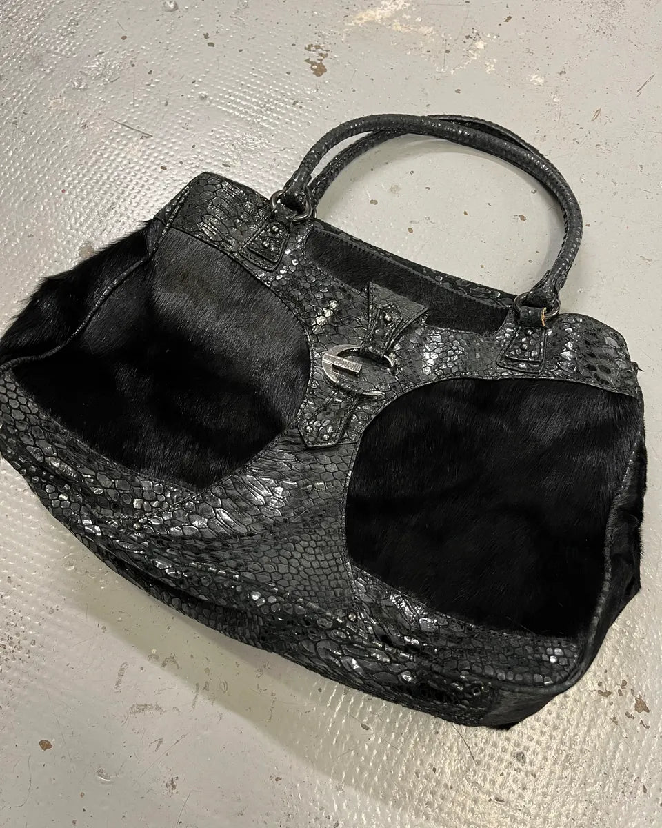 2000s Cavalli Pony Hair & Black Leather Python Effect Bag MWNrNvG 3