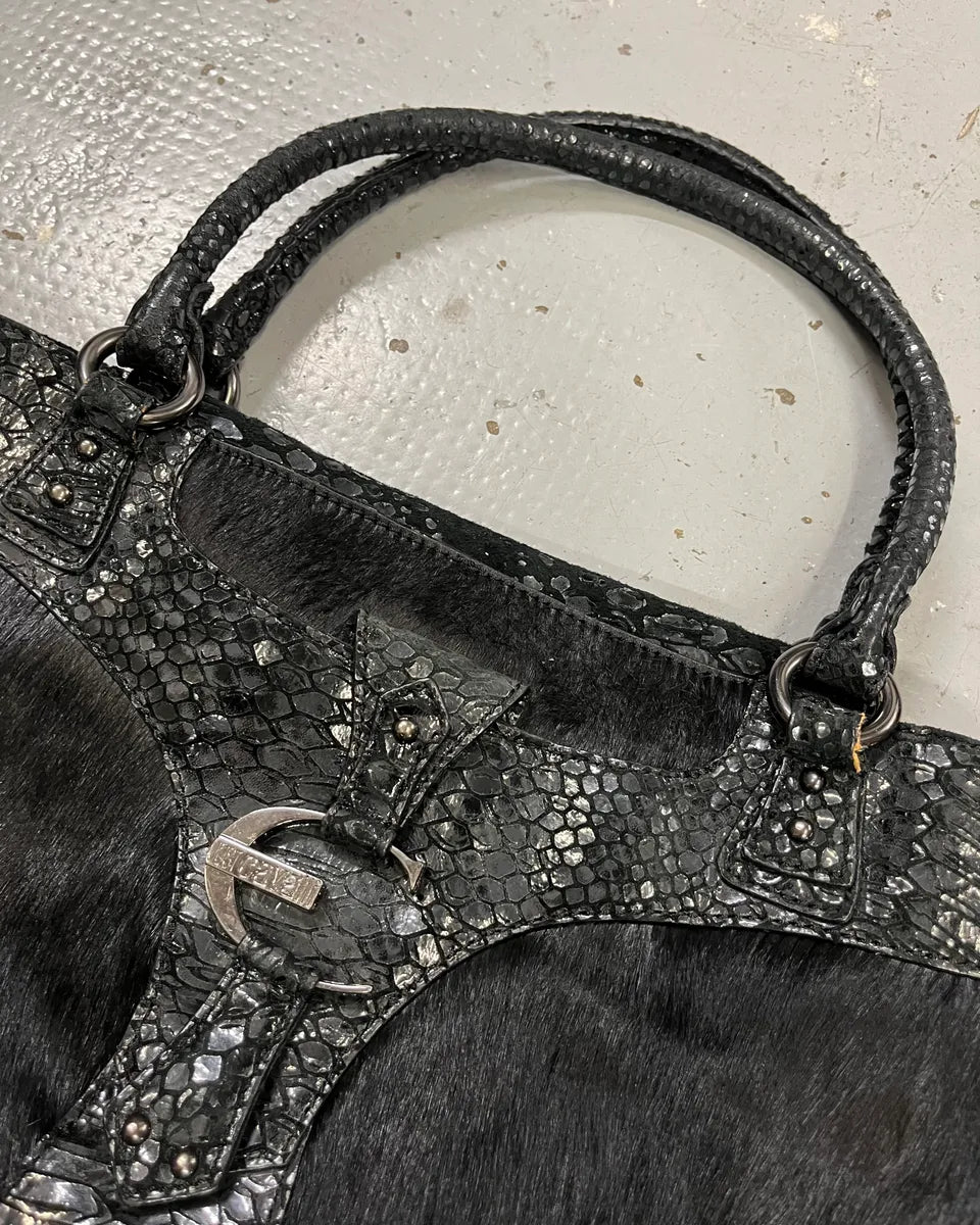 2000s Cavalli Pony Hair & Black Leather Python Effect Bag MWNrNvG 4