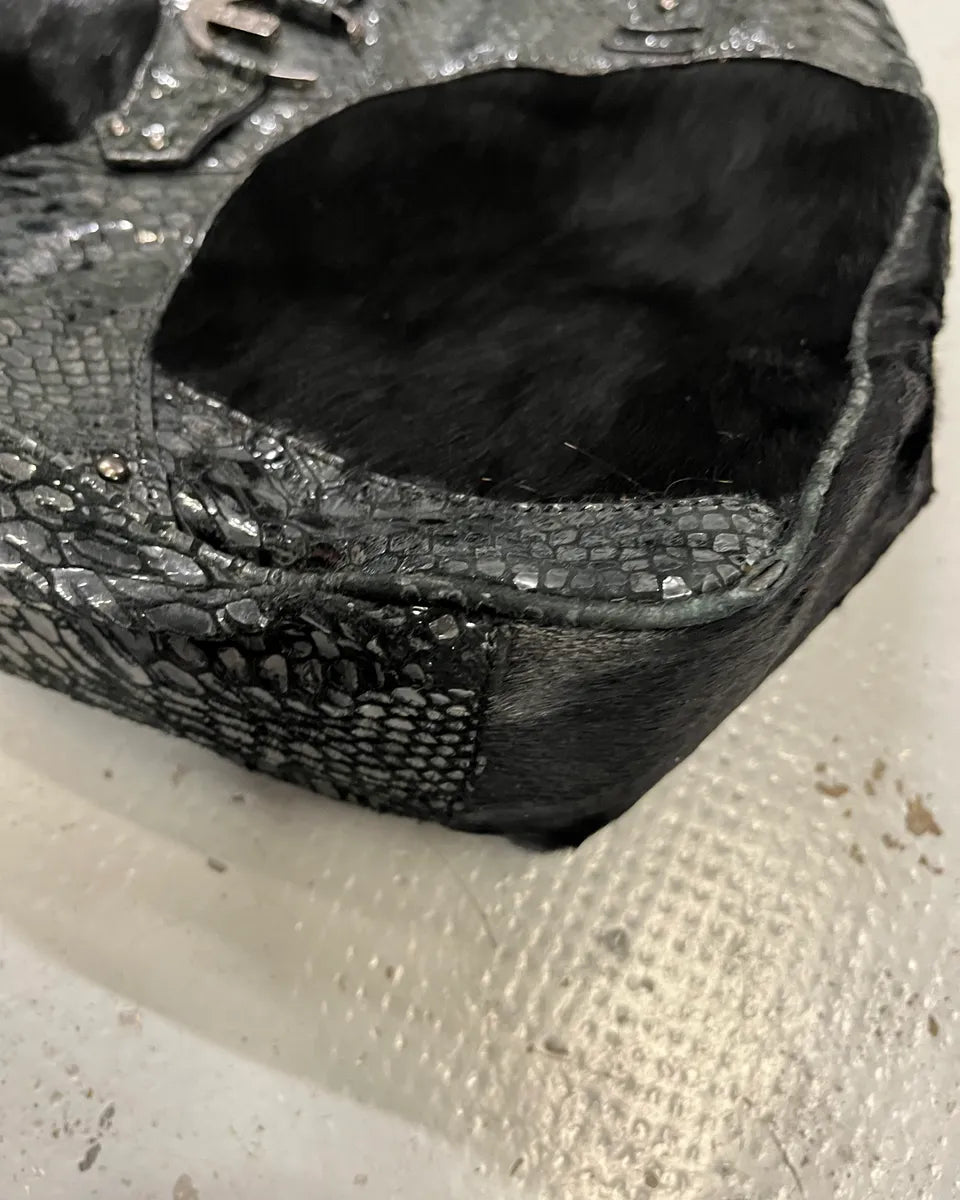 2000s Cavalli Pony Hair & Black Leather Python Effect Bag MWNrNvG 5
