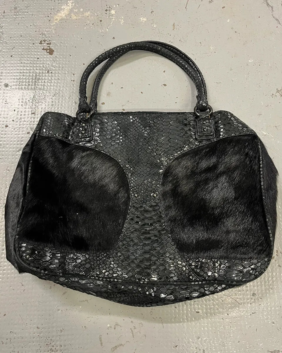 2000s Cavalli Pony Hair & Black Leather Python Effect Bag MWNrNvG 7