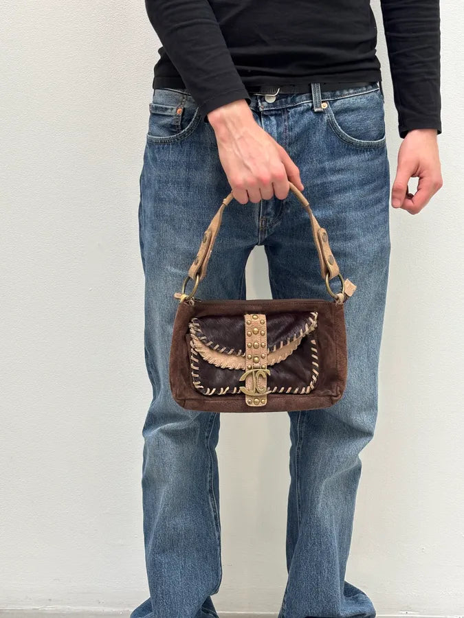 2000s Cavalli Pony Hair & Brown Leather Shoulder Bag KFFbFDi 1