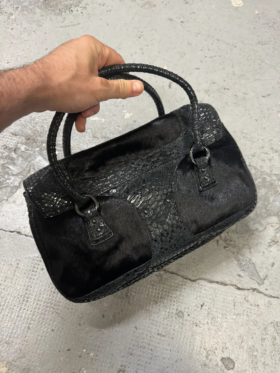 2000s Cavalli Pony Hair Black Python Scales Effect Leather Handle Bag LwQXKpr 1