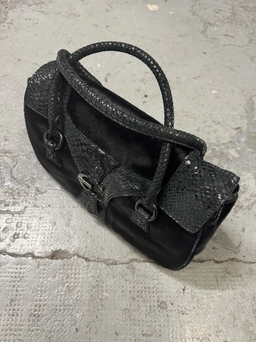 2000s Cavalli Pony Hair Black Python Scales Effect Leather Handle Bag LwQXKpr 7