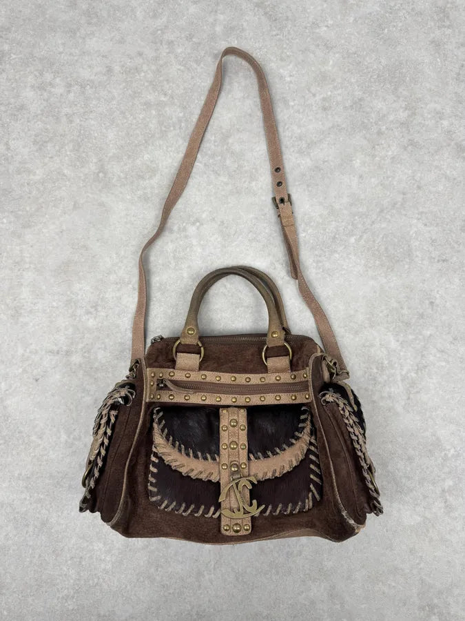 2000s Cavalli Pony Hair Brown Suede Leather Shoulder Bag WhtSOqq 0