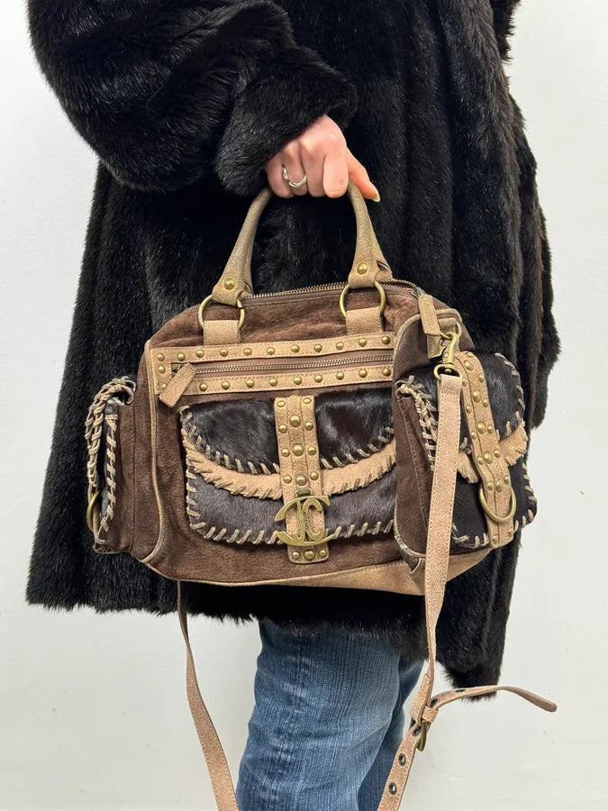 2000s Cavalli Pony Hair Brown Suede Leather Shoulder Bag WhtSOqq 1