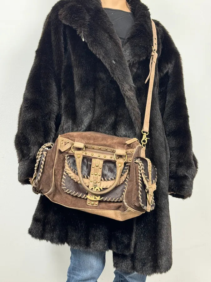 2000s Cavalli Pony Hair Brown Suede Leather Shoulder Bag WhtSOqq 2