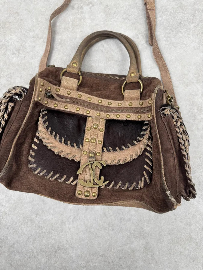 2000s Cavalli Pony Hair Brown Suede Leather Shoulder Bag WhtSOqq 3