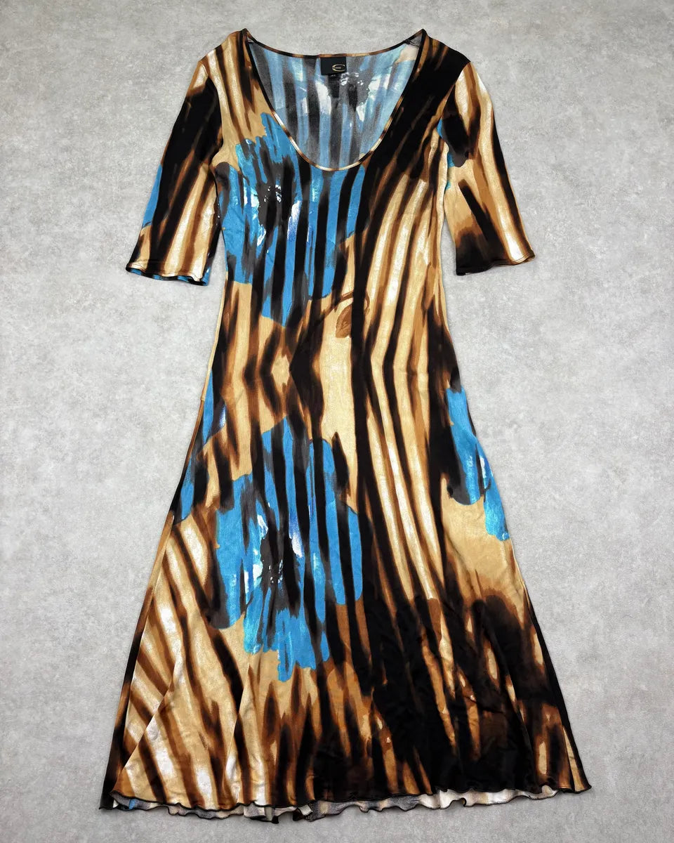 SS2002 Cavalli Psychedelic Floral Brown Striped Dress  cUhCEHC 2