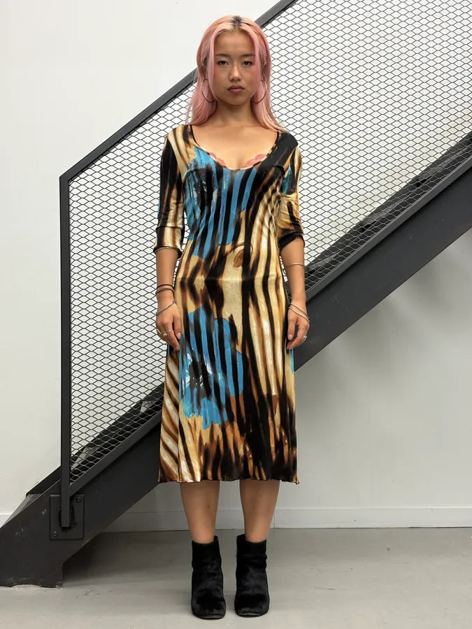 SS2002 Cavalli Psychedelic Floral Brown Striped Dress  cUhCEHC 0