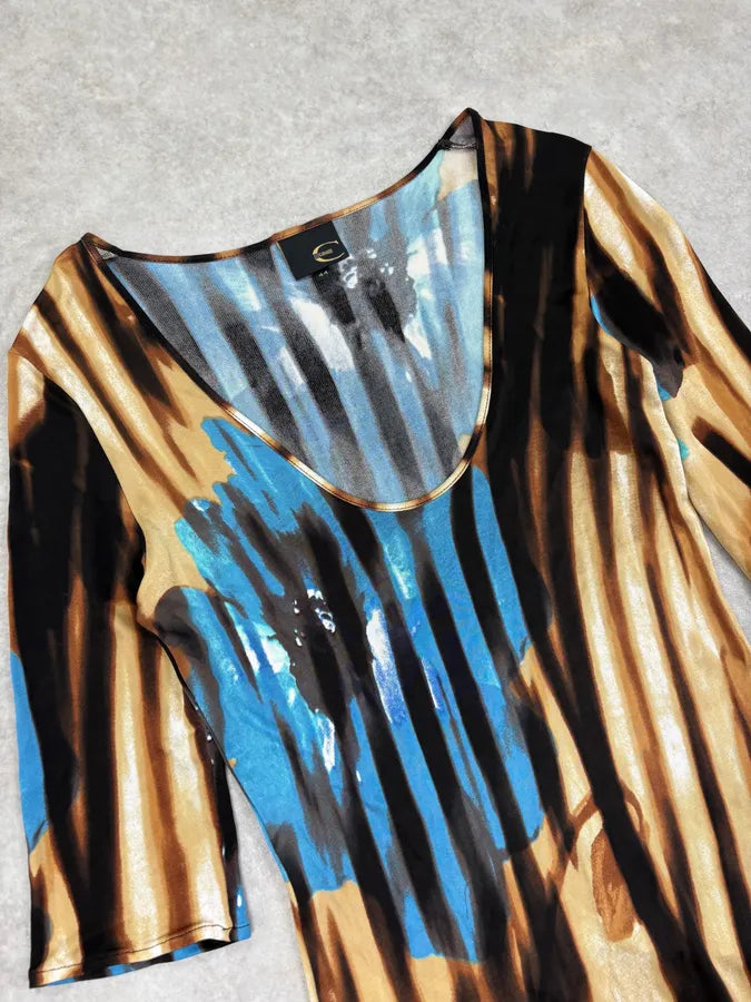 SS2002 Cavalli Psychedelic Floral Brown Striped Dress  cUhCEHC 4