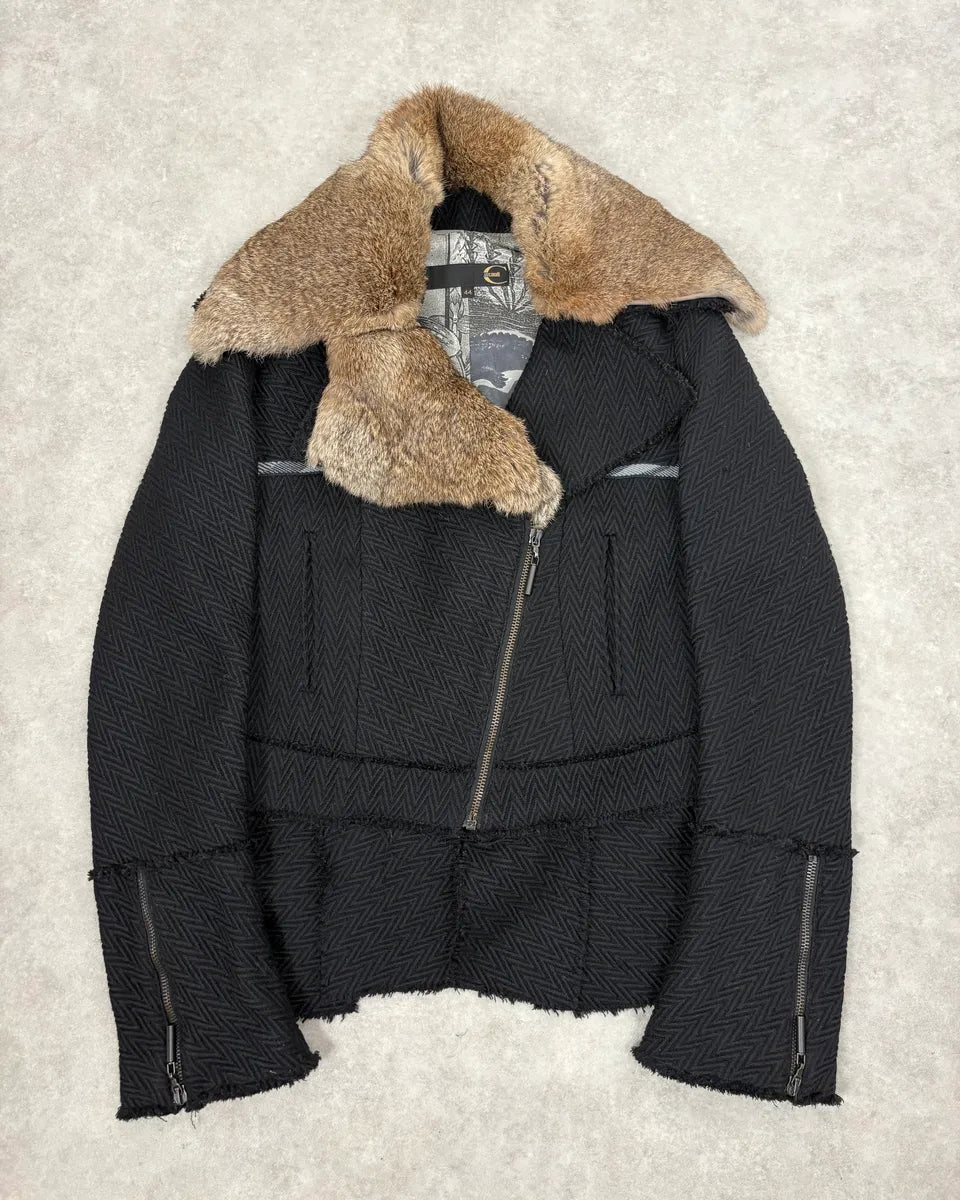 AW2005 Cavalli Rabbit Fur Collar Asymmetrical Black Wool Jacket LjbwaWC 0