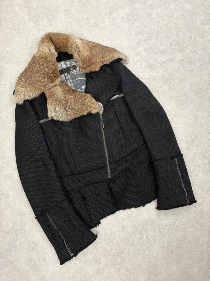 AW2005 Cavalli Rabbit Fur Collar Asymmetrical Black Wool Jacket LjbwaWC 3