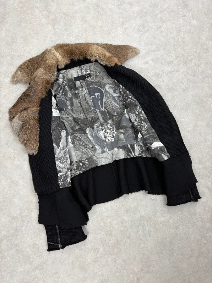 AW2005 Cavalli Rabbit Fur Collar Asymmetrical Black Wool Jacket LjbwaWC 6