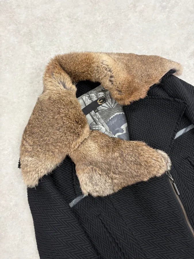 AW2005 Cavalli Rabbit Fur Collar Asymmetrical Black Wool Jacket LjbwaWC 4