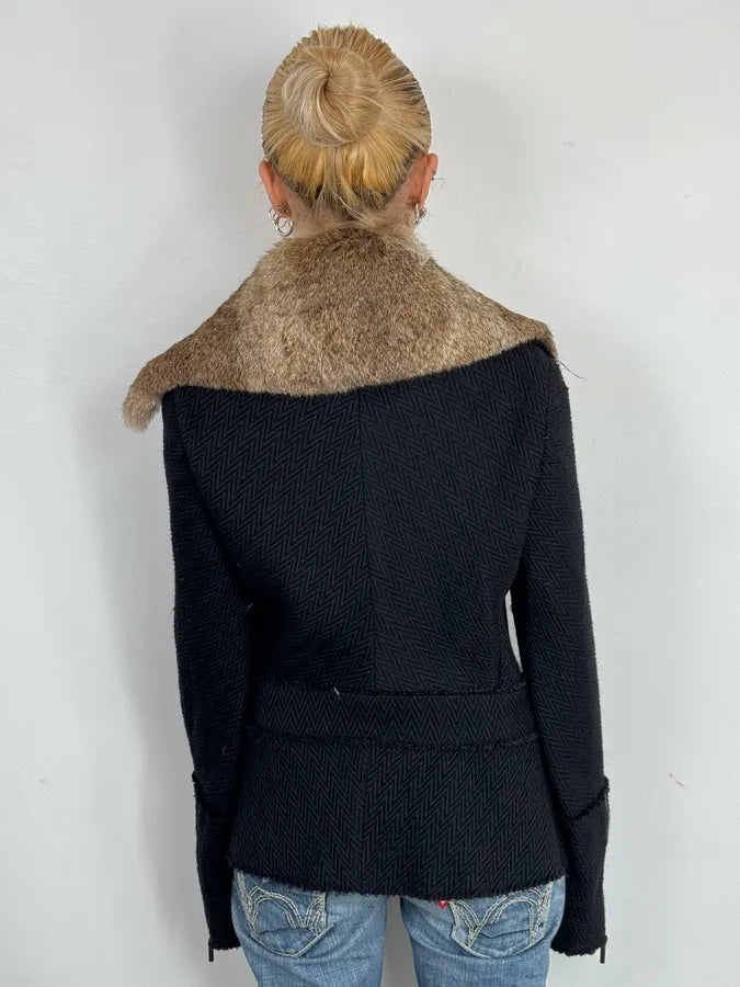AW2005 Cavalli Rabbit Fur Collar Asymmetrical Black Wool Jacket LjbwaWC 2