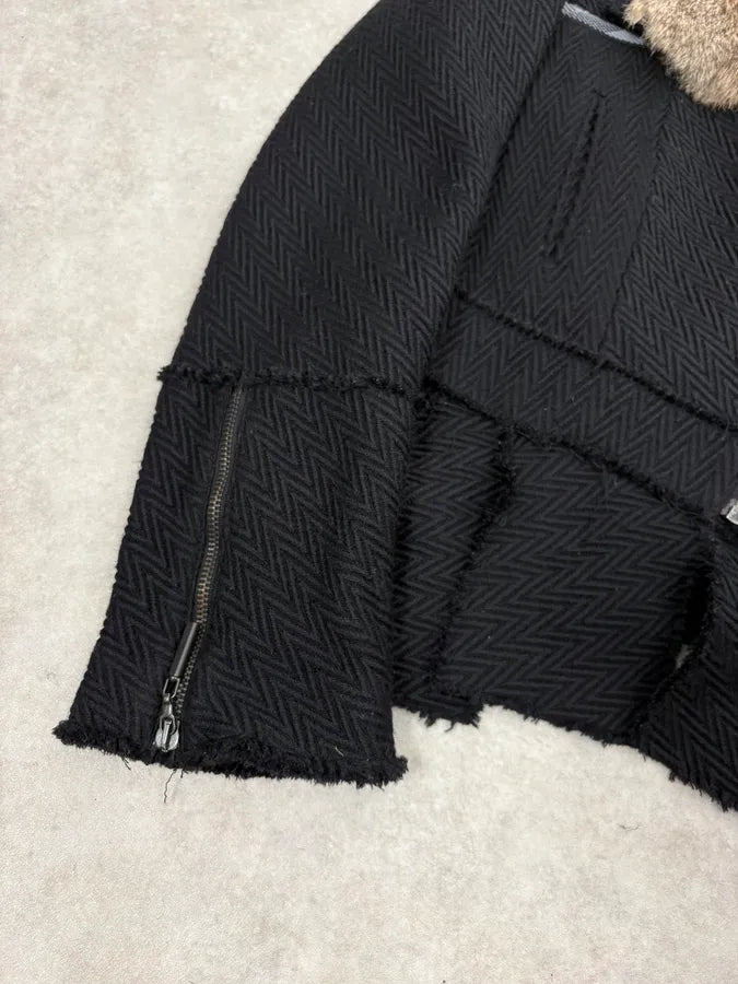 AW2005 Cavalli Rabbit Fur Collar Asymmetrical Black Wool Jacket LjbwaWC 7
