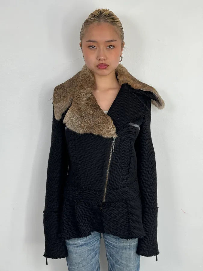 AW2005 Cavalli Rabbit Fur Collar Asymmetrical Black Wool Jacket LjbwaWC 1