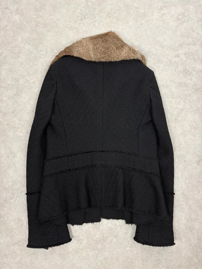 AW2005 Cavalli Rabbit Fur Collar Asymmetrical Black Wool Jacket LjbwaWC 5