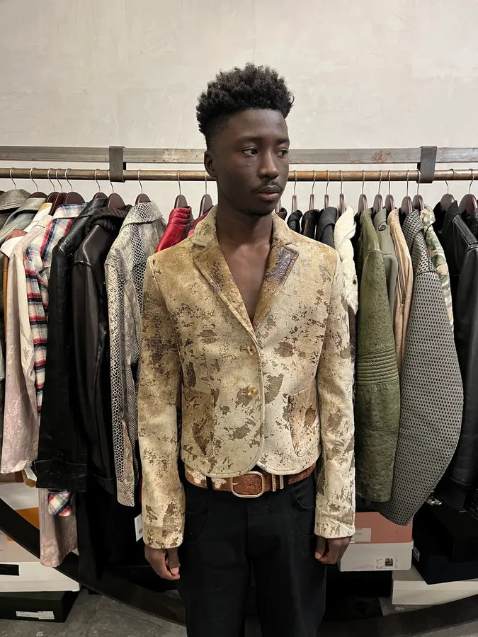 2000s Cavalli Raw Beige Leather Suit Jacket qNxvYXd 1