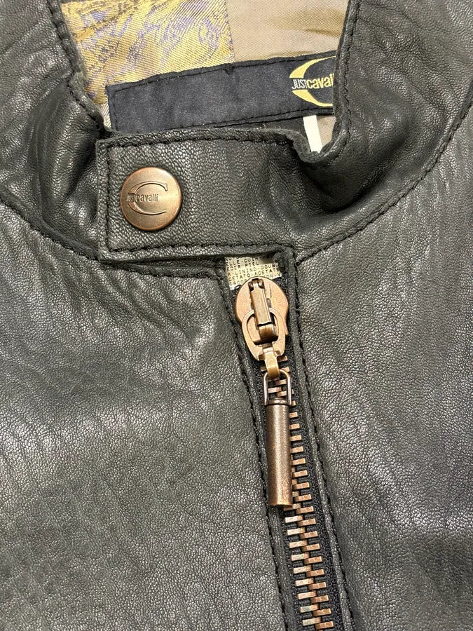 2000s Cavalli Raw Black Embroidered Flowers Leather Jacket FcMpheh 7