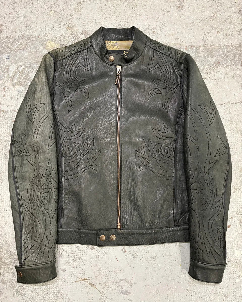 2000s Cavalli Raw Black Embroidered Flowers Leather Jacket FcMpheh 0