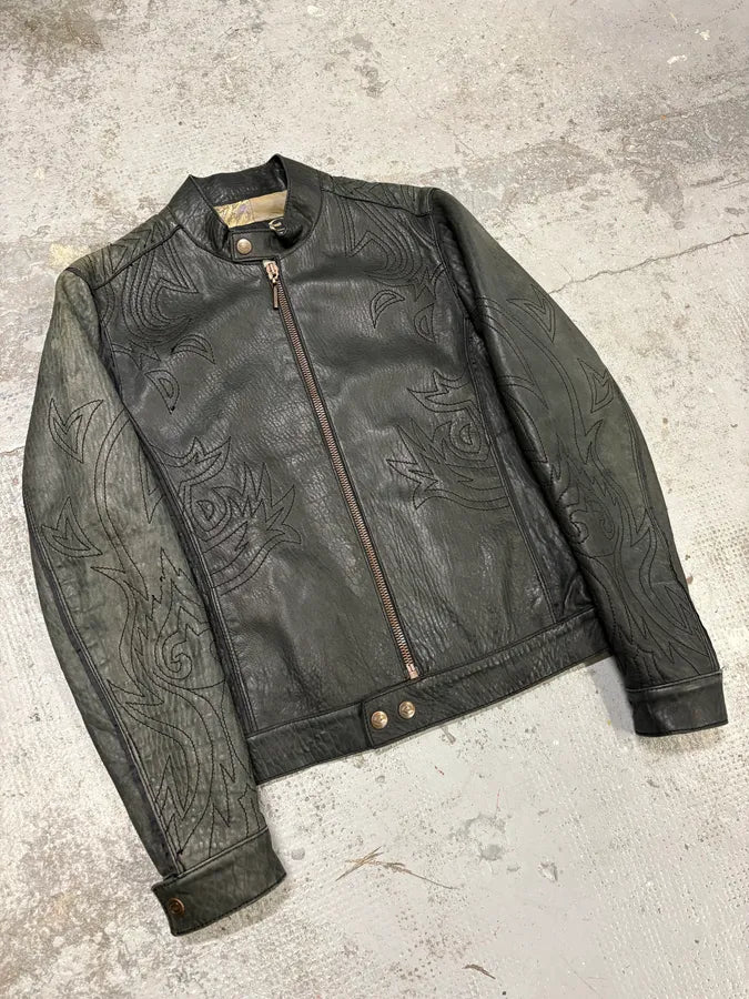 2000s Cavalli Raw Black Embroidered Flowers Leather Jacket FcMpheh 3