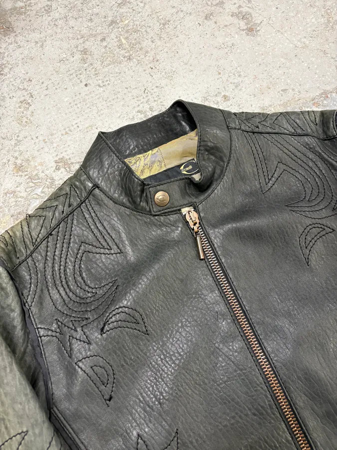 2000s Cavalli Raw Black Embroidered Flowers Leather Jacket FcMpheh 4