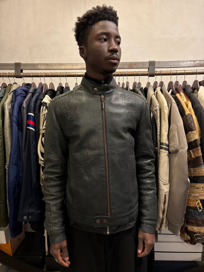 2000s Cavalli Raw Black Embroidered Flowers Leather Jacket FcMpheh 1