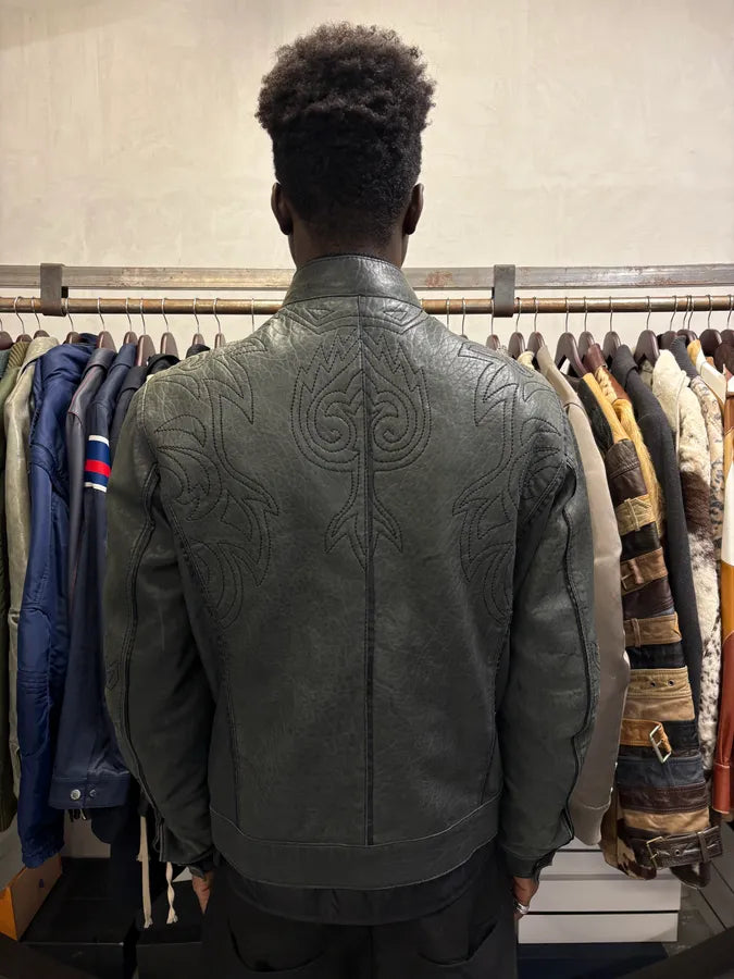 2000s Cavalli Raw Black Embroidered Flowers Leather Jacket FcMpheh 2