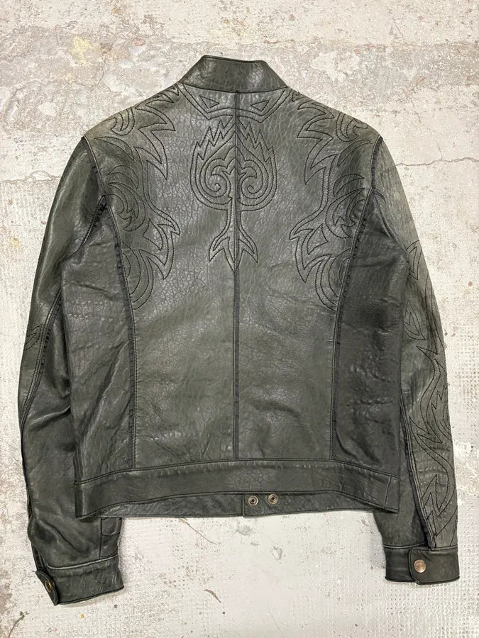 2000s Cavalli Raw Black Embroidered Flowers Leather Jacket FcMpheh 5