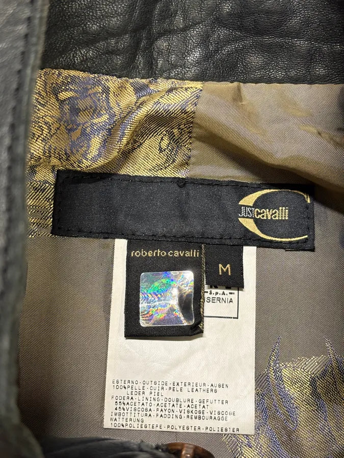 2000s Cavalli Raw Black Embroidered Flowers Leather Jacket FcMpheh 8