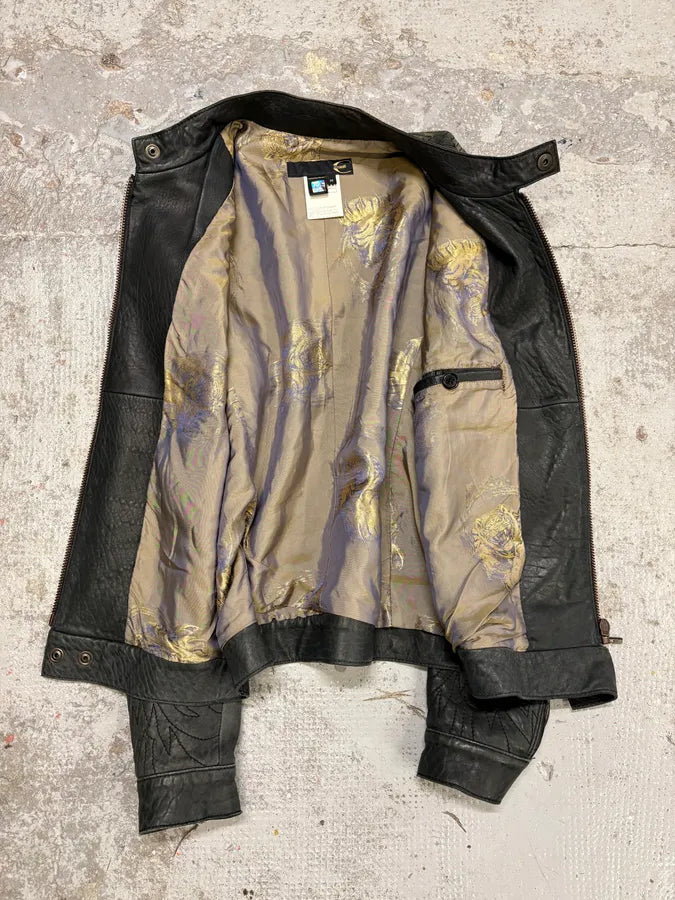 2000s Cavalli Raw Black Embroidered Flowers Leather Jacket FcMpheh 6