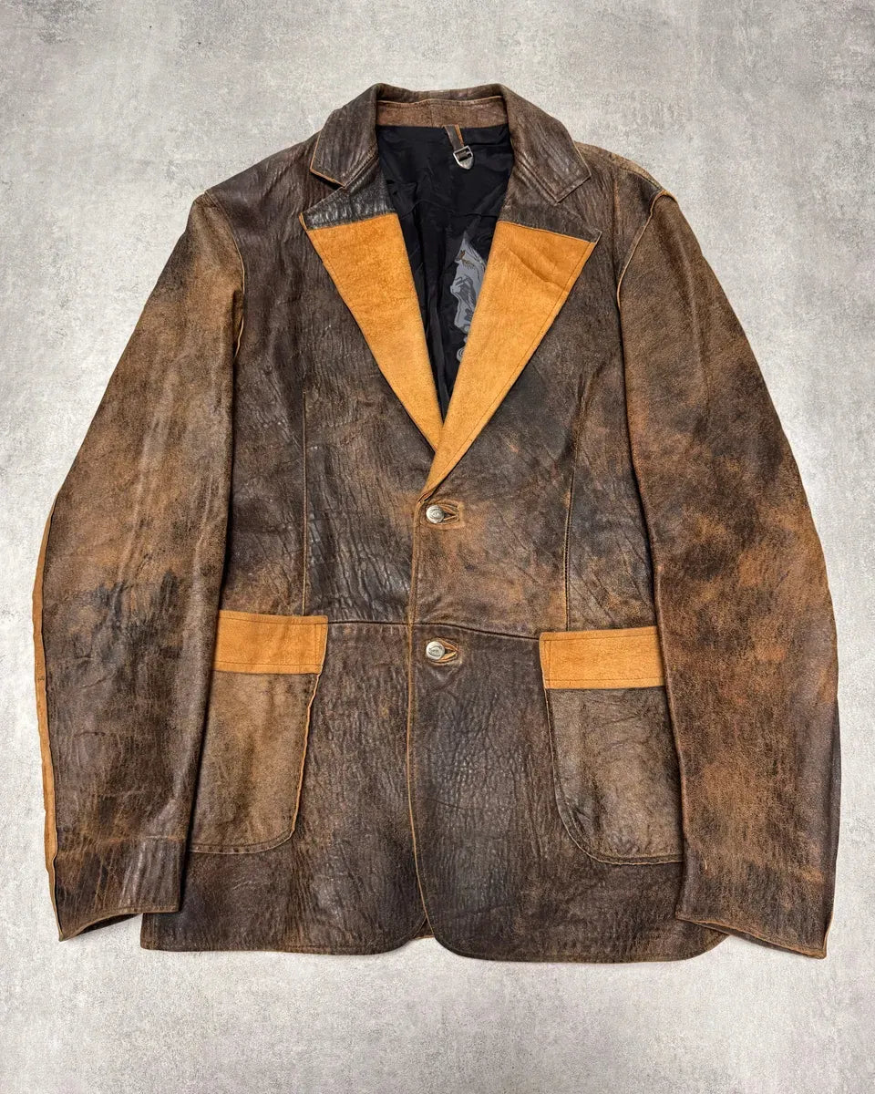 2000s Cavalli Raw Brown Leather Suit Jacket behkCbg 0